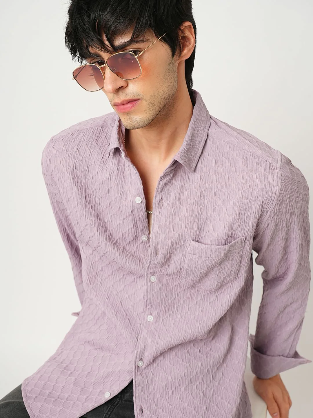 Heather Purple Double Cloth Jacquard Shirt - Image 2