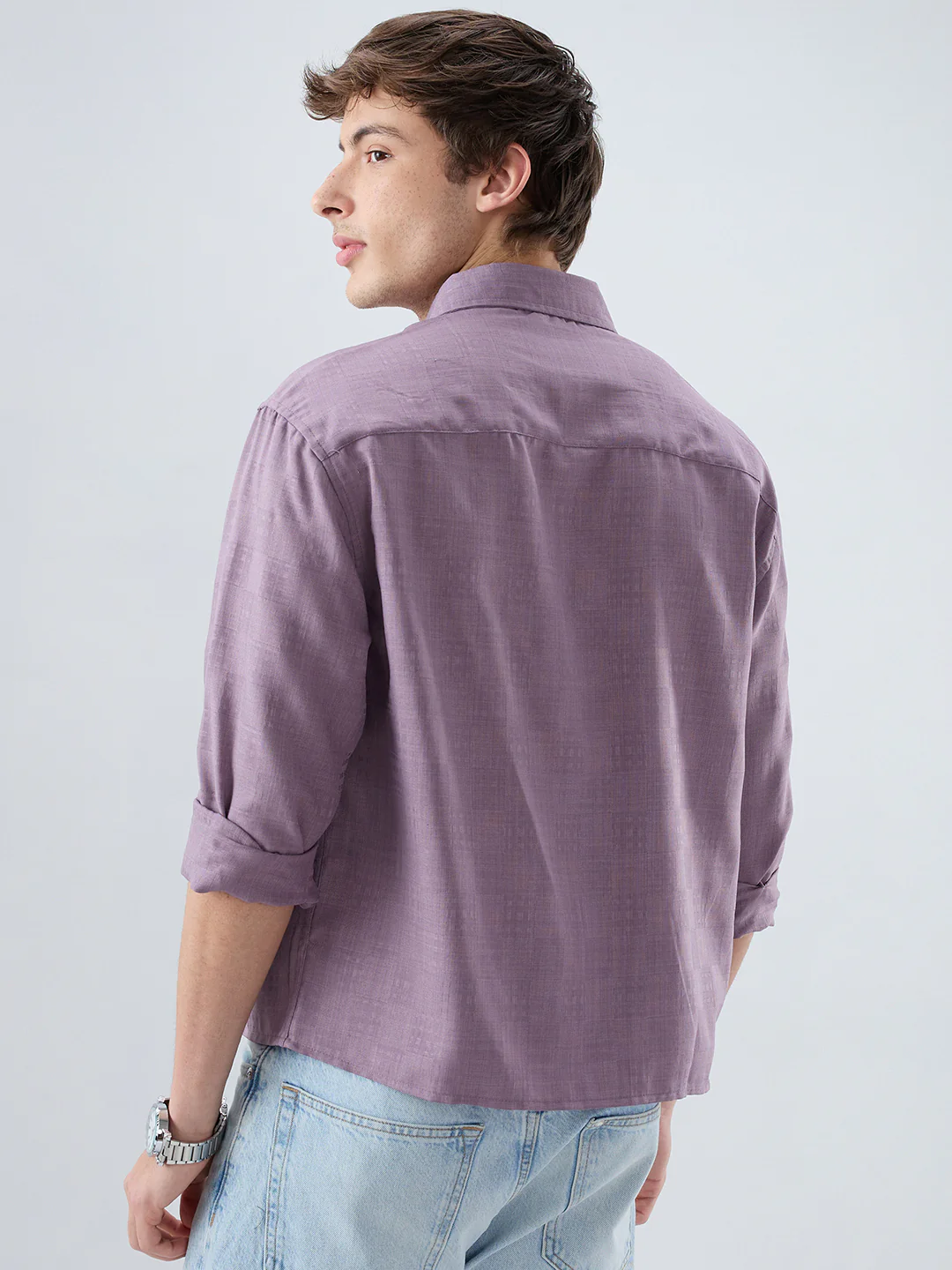Heather Purple Soft Grid Textured Boxy Fit Crop Shirt - Image 6