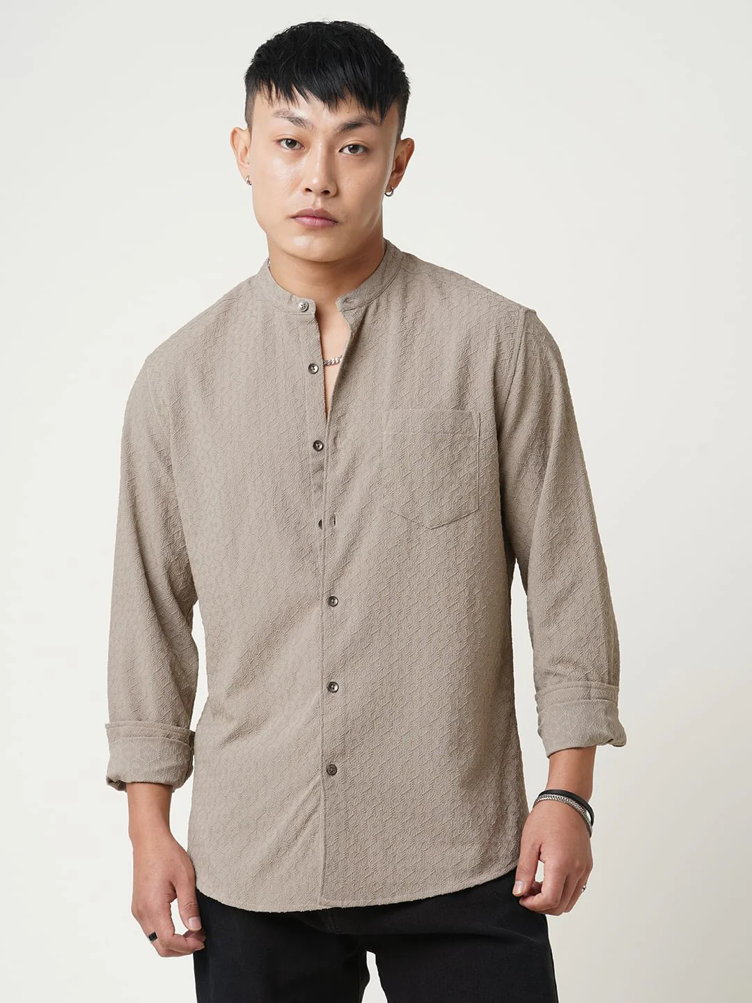 Hexagon Beige Jacquard Mandarin Shirt - Image 5