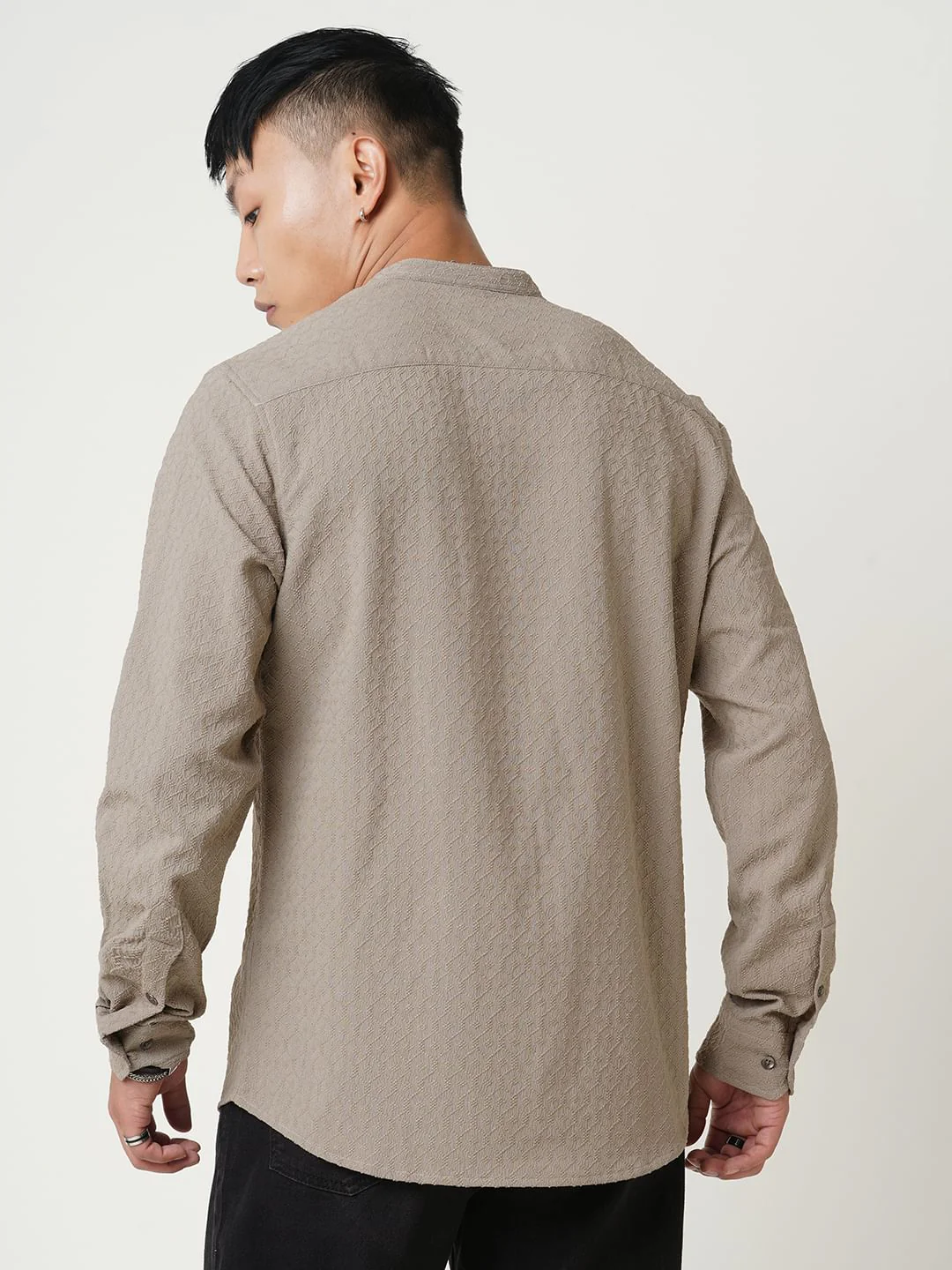 Hexagon Beige Jacquard Mandarin Shirt - Image 7