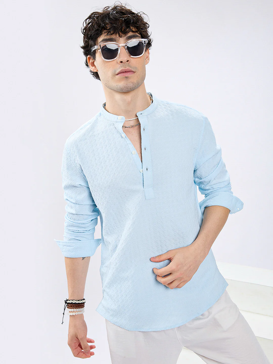 Icy Blue Diamond Weave Refined Kurta