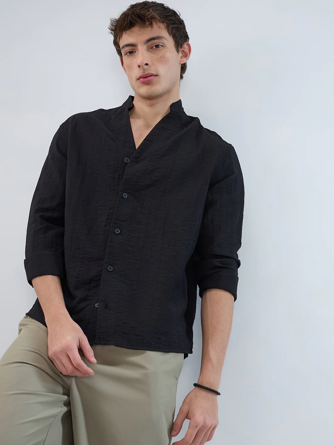 Ink Black Textured Stand Collar Oversized Shirt