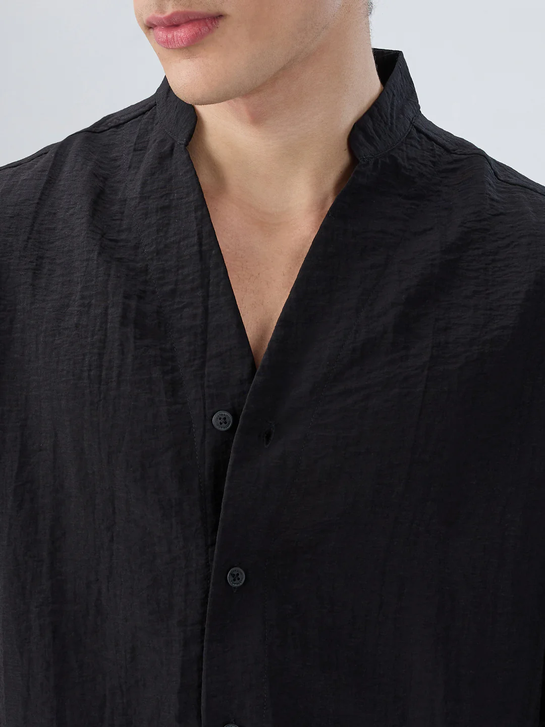 Ink Black Textured Stand Collar Oversized Shirt - Image 3