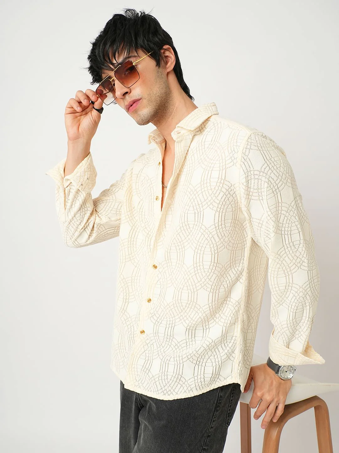Interweave Geometric Textured Ivory Crochet Shirt - Image 4