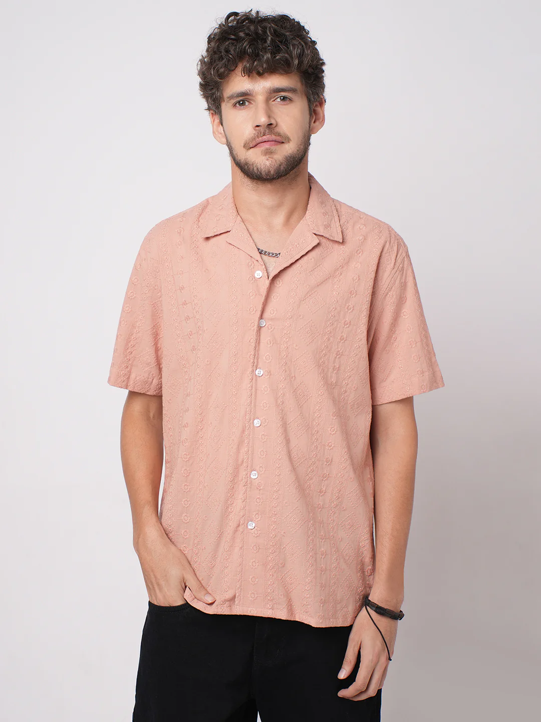 Intricate Apricot Embroidered Notch Collar Oversized Shirt - Image 4