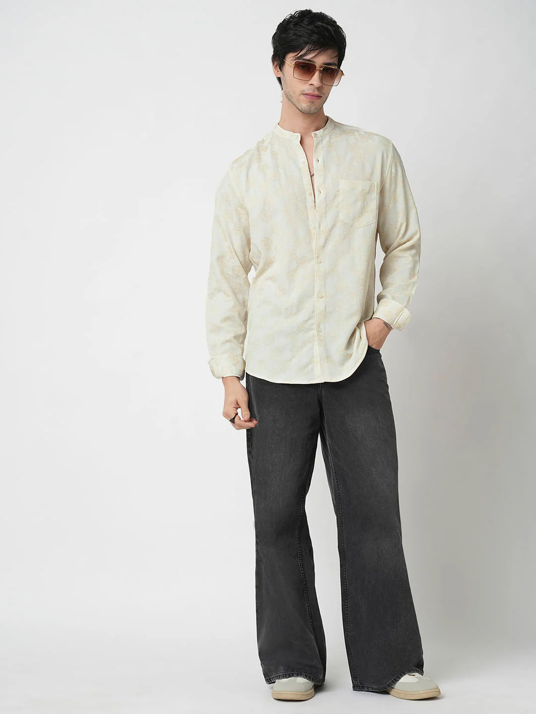 Ivory Floral Intricate Jacquard Creased Shirt - Image 7