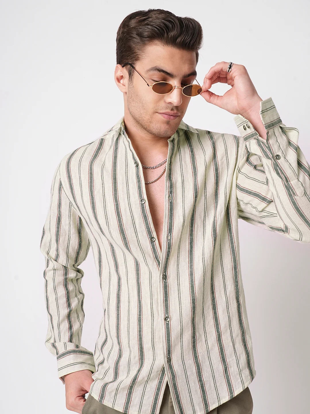Ivory & Olive Vertical Striped Burlap Shirt