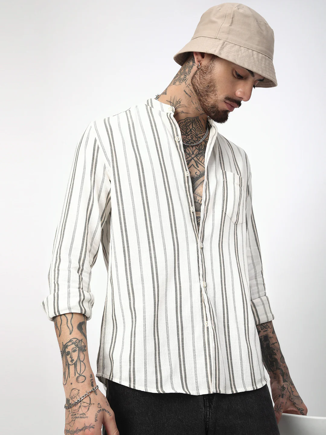Ivory & Olive Vertical Striped Shirt - Image 4