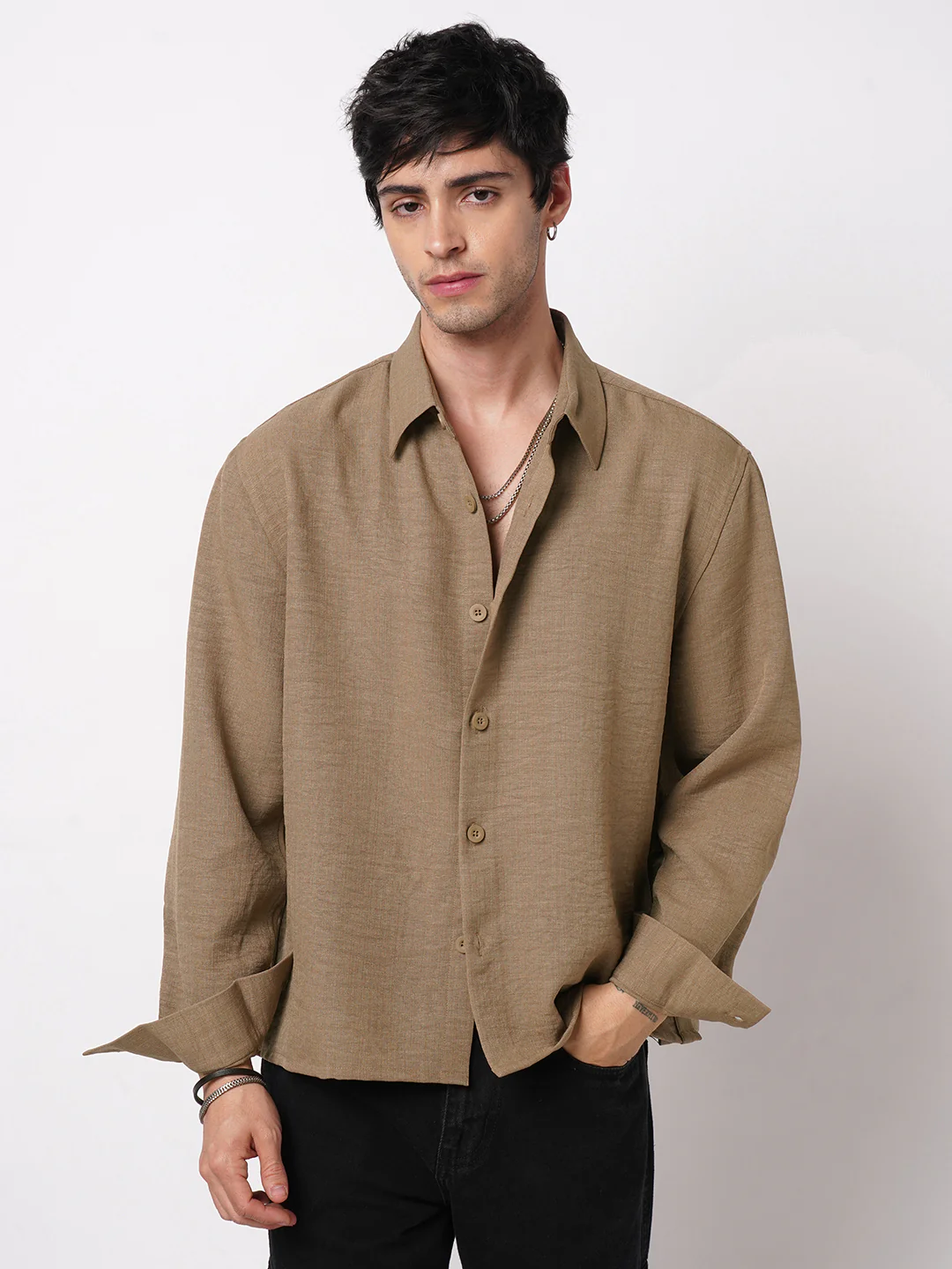 Khaki Side-Slit Button Oversized Crop Shirt - Image 4
