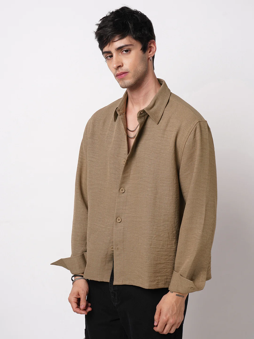 Khaki Side-Slit Button Oversized Crop Shirt - Image 5
