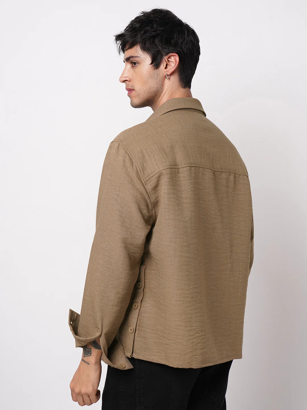 Khaki Side-Slit Button Oversized Crop Shirt - Image 6