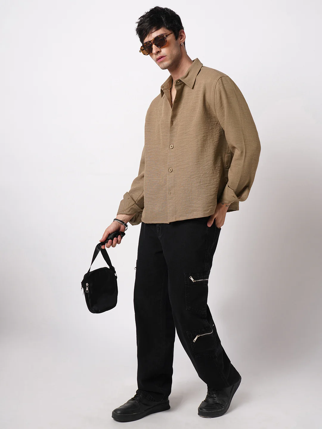Khaki Side-Slit Button Oversized Crop Shirt - Image 7