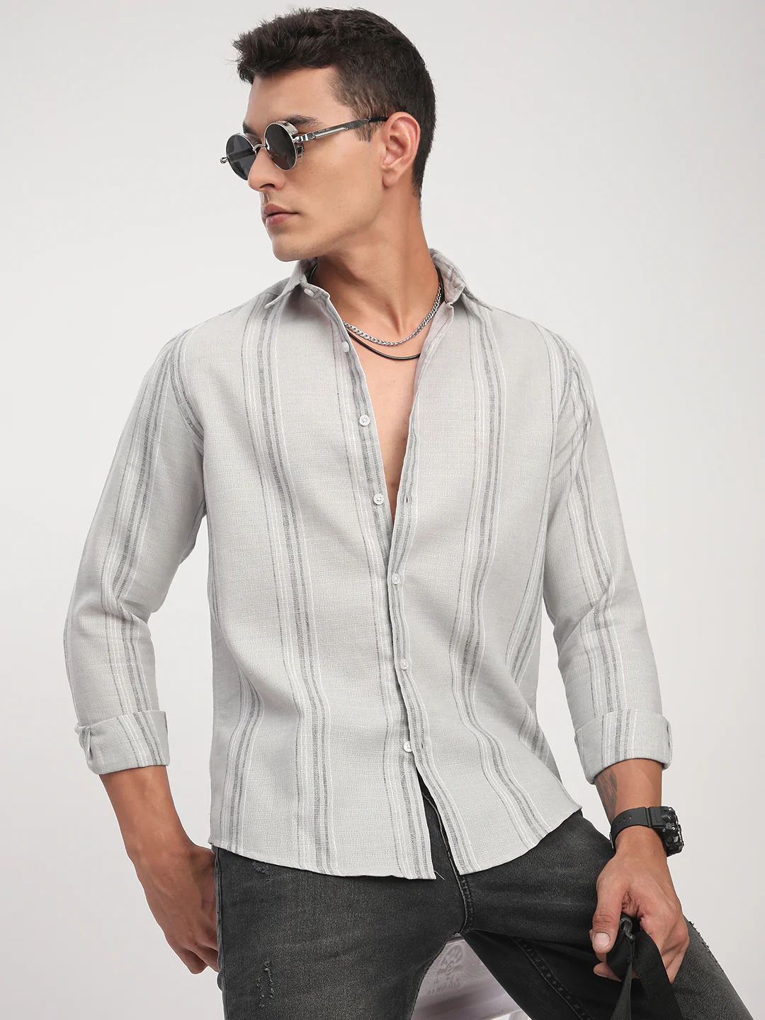 Light Grey Marine Mist Striped Linen Blend Shirt