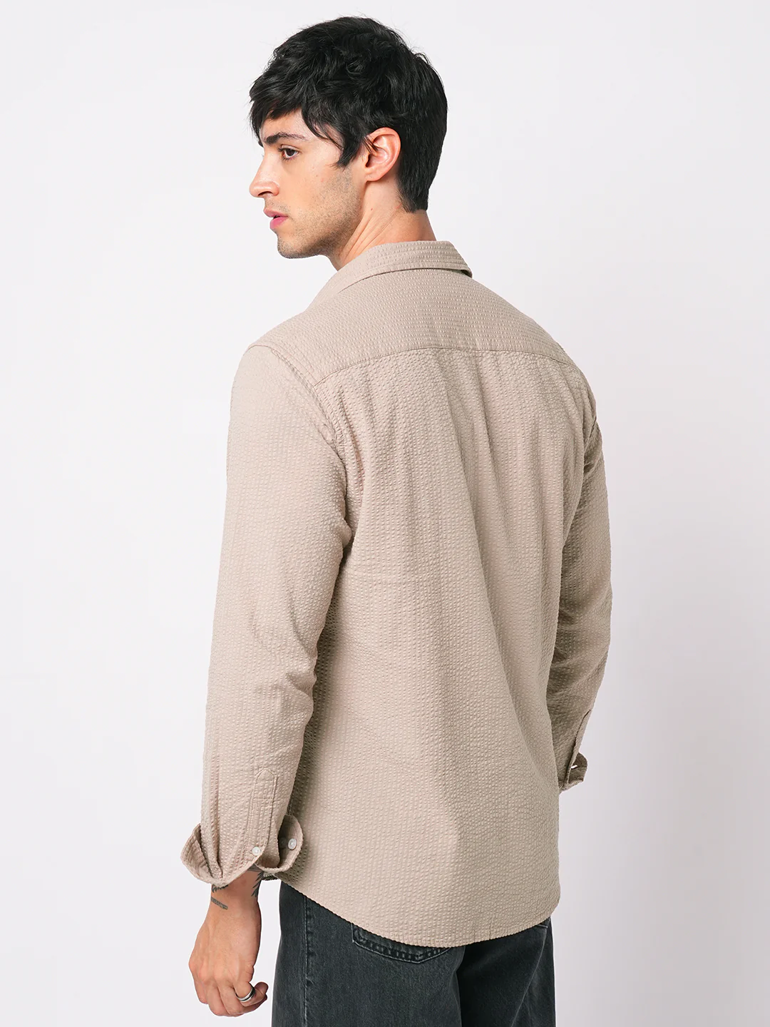Light Taupe Brown Seersucker Shirt - Image 6