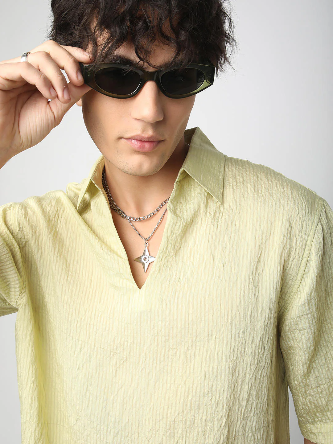 Lime Green Stripe Oversized Polo Crinkled Shirt
