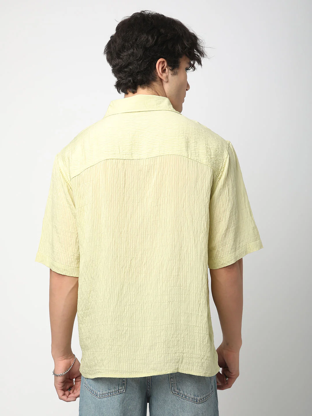 Lime Green Stripe Oversized Polo Crinkled Shirt - Image 6