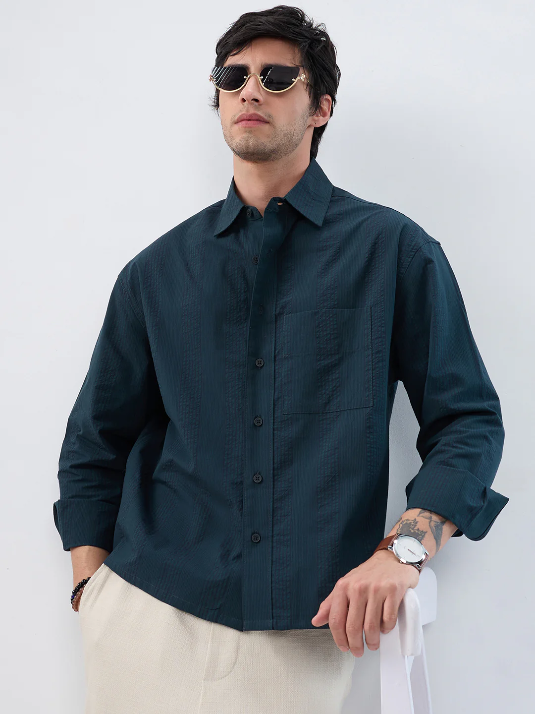 Luxe Dark Green Refined Seersucker Striped Boxy Fit Crop Shirt