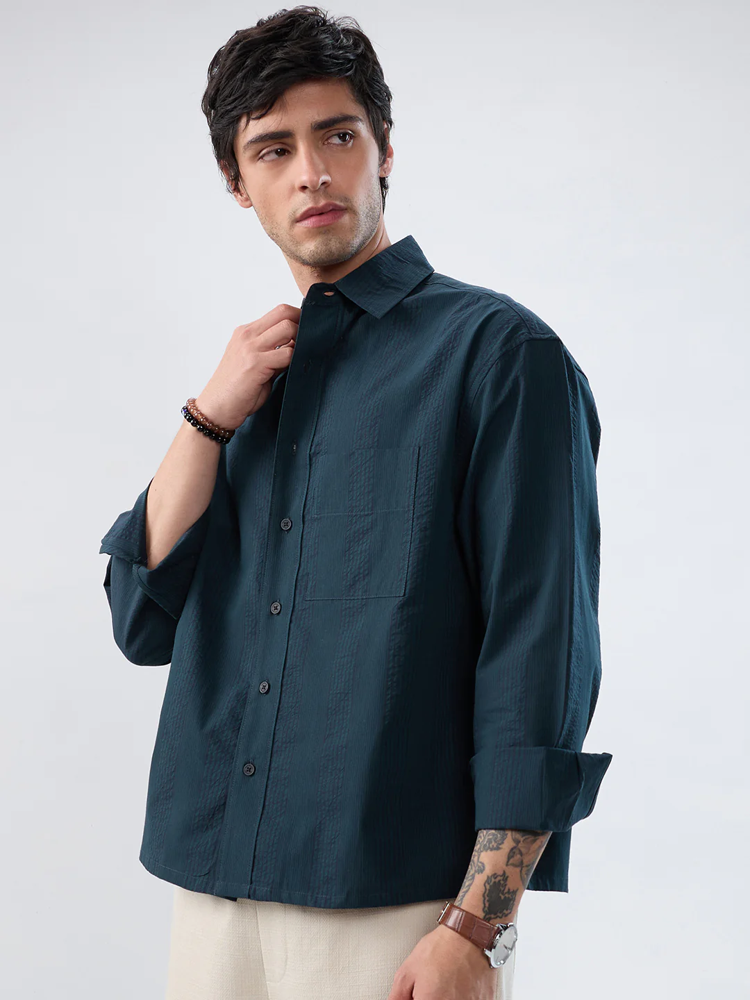 Luxe Dark Green Refined Seersucker Striped Boxy Fit Crop Shirt - Image 6
