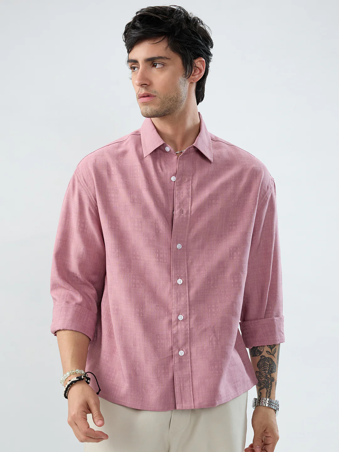 Mauve Pink Soft Grid Textured Boxy Fit Oversized Crop Shirt - Image 4