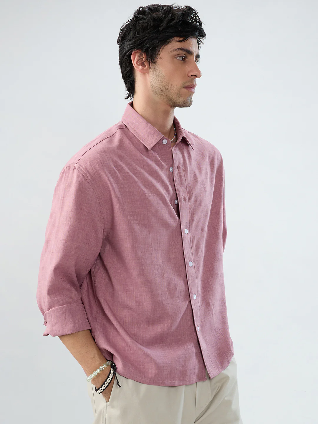 Mauve Pink Soft Grid Textured Boxy Fit Oversized Crop Shirt - Image 5