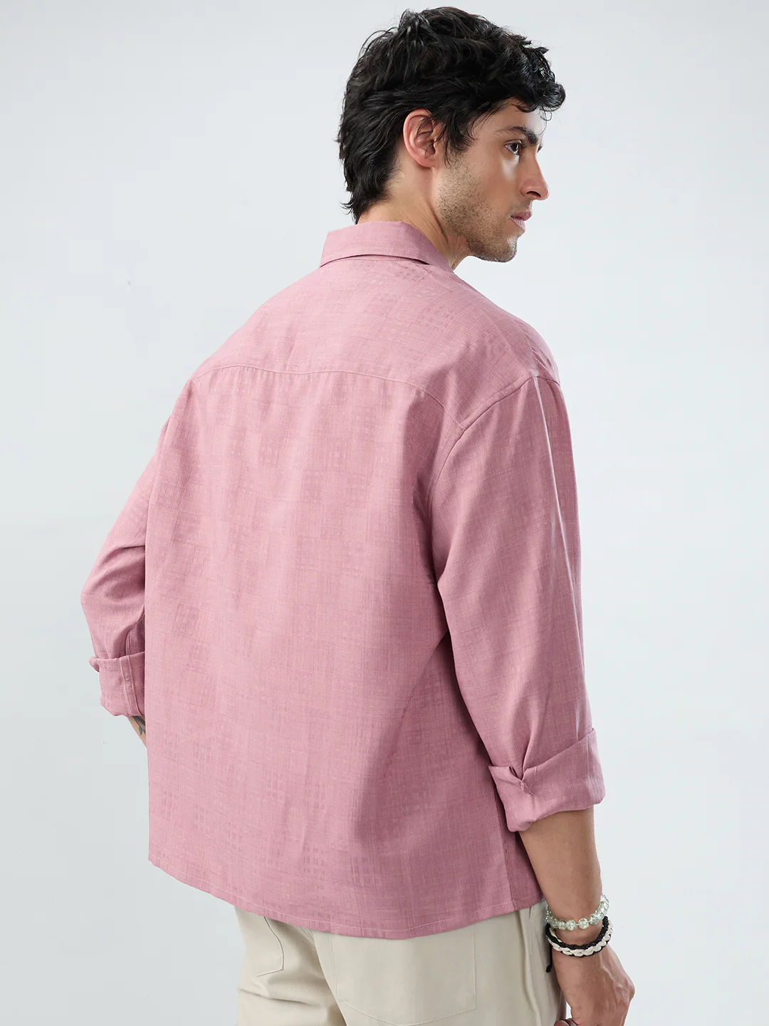 Mauve Pink Soft Grid Textured Boxy Fit Oversized Crop Shirt - Image 7
