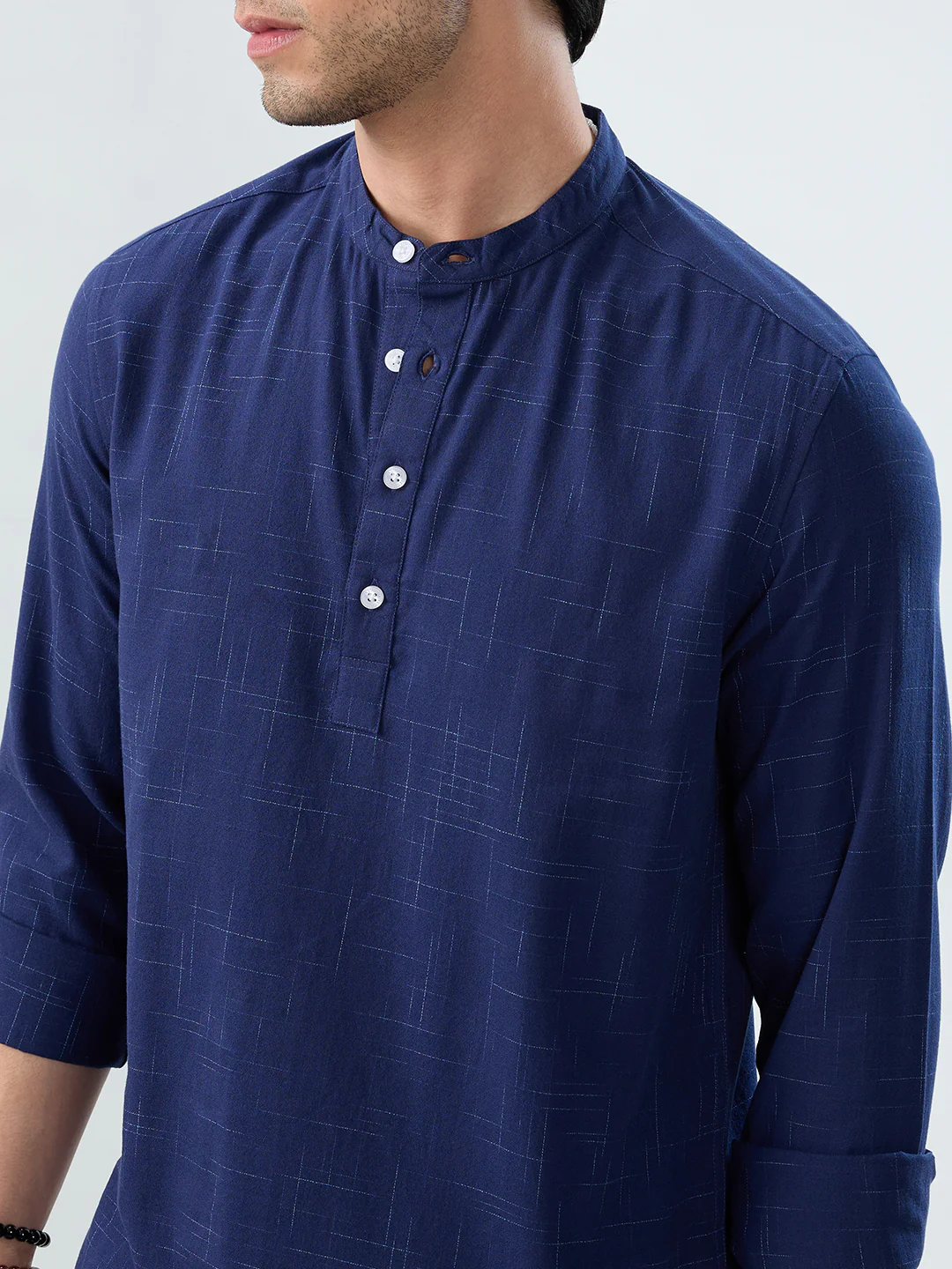 Minimal Night Blue Line Weave Kurta - Image 3