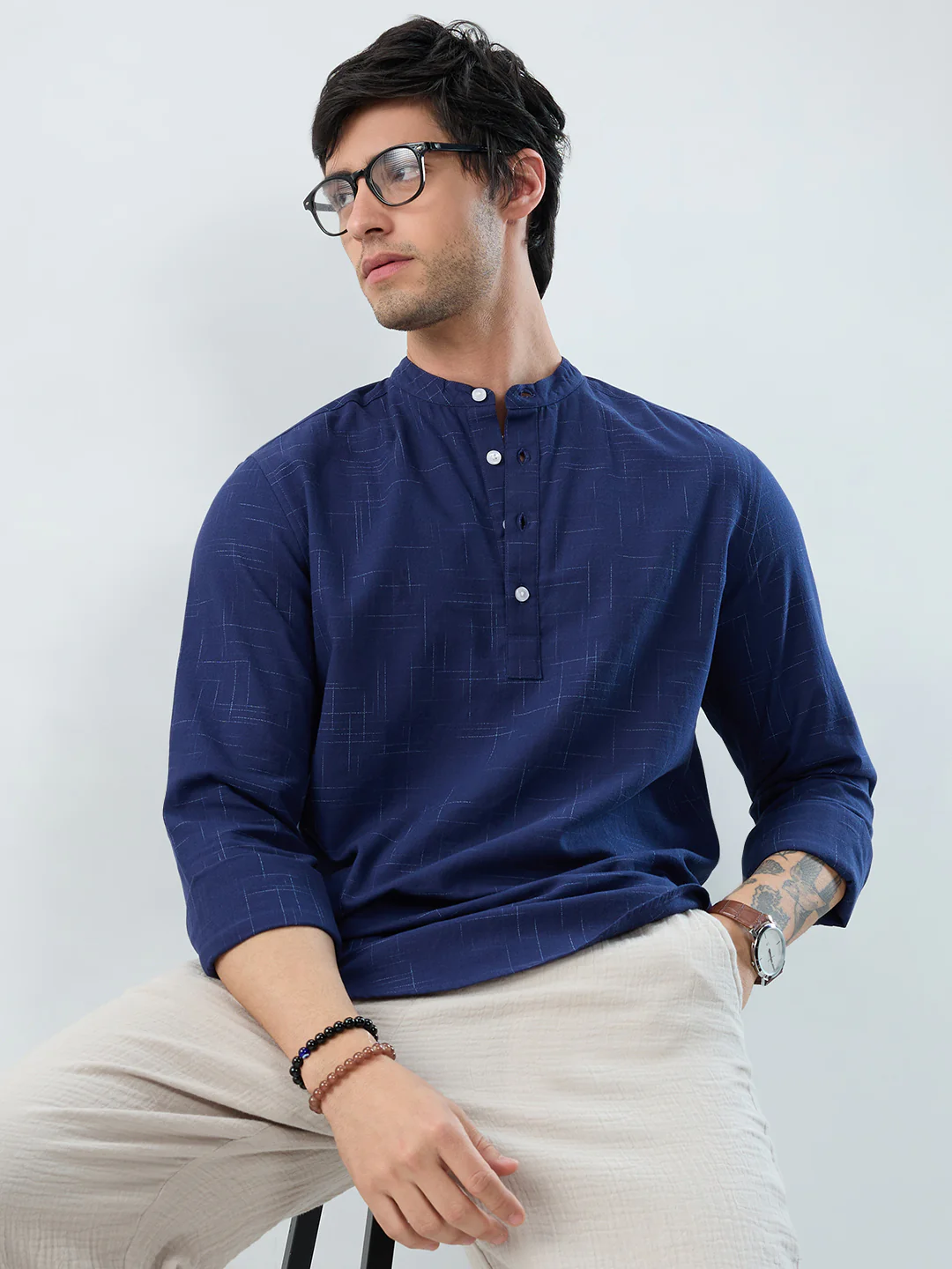 Minimal Night Blue Line Weave Kurta - Image 4