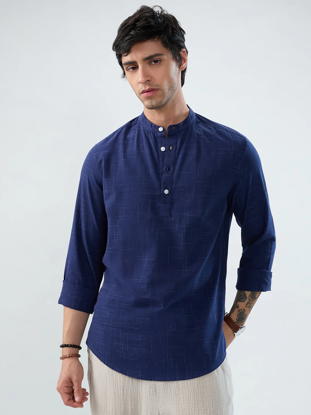 Minimal Night Blue Line Weave Kurta - Image 5