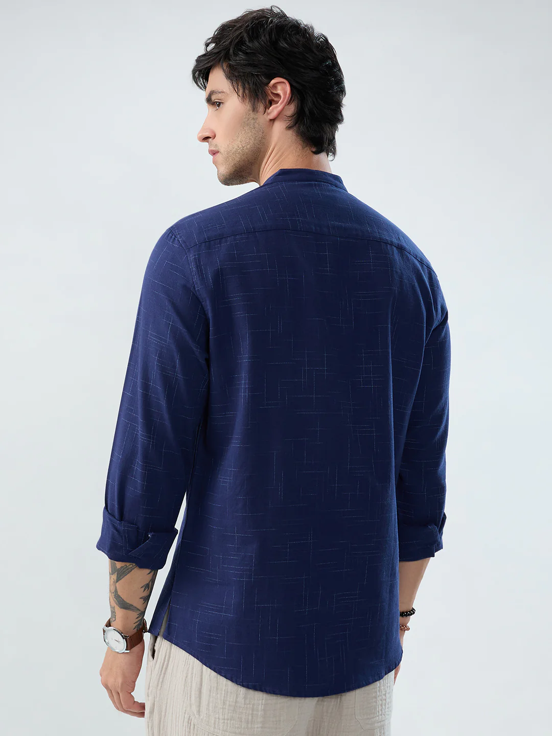 Minimal Night Blue Line Weave Kurta - Image 7