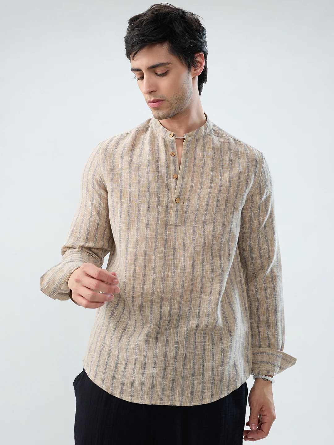 Minimalist Beige Multi-Stripe Burlap Linen Blend Kurta - Image 5