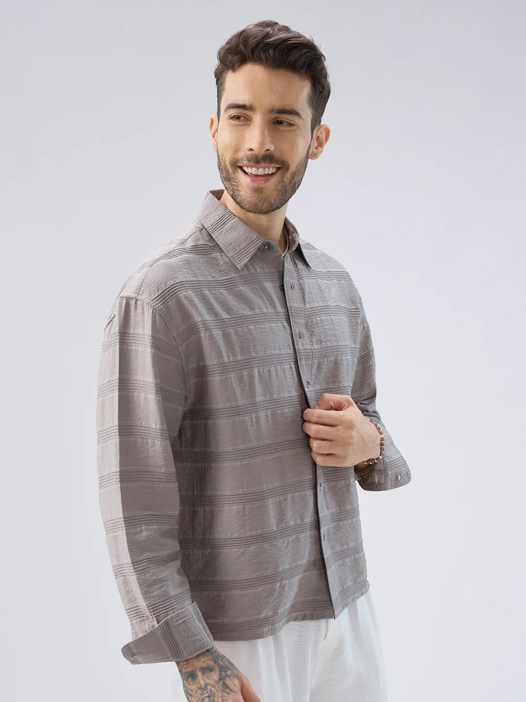 Misty Grey Textured Stripe Boxy Fit Crop Shirt - Image 6