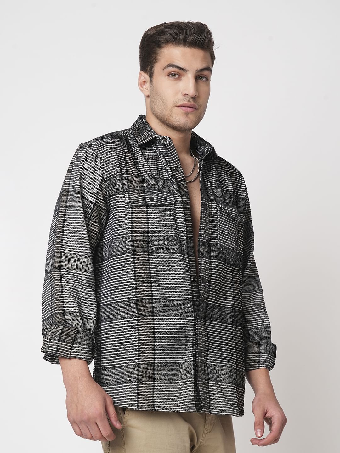 Monochrome Horizontal Stripes Double Flap Pocket Shirt - Image 5