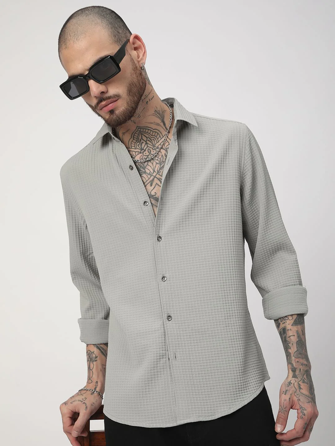 Moon Grey Mini Checks Textured Shirt - Image 4
