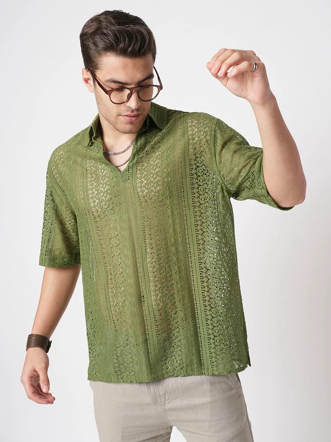 Moss Green Crochet Oversized Polo Shirt - Image 4