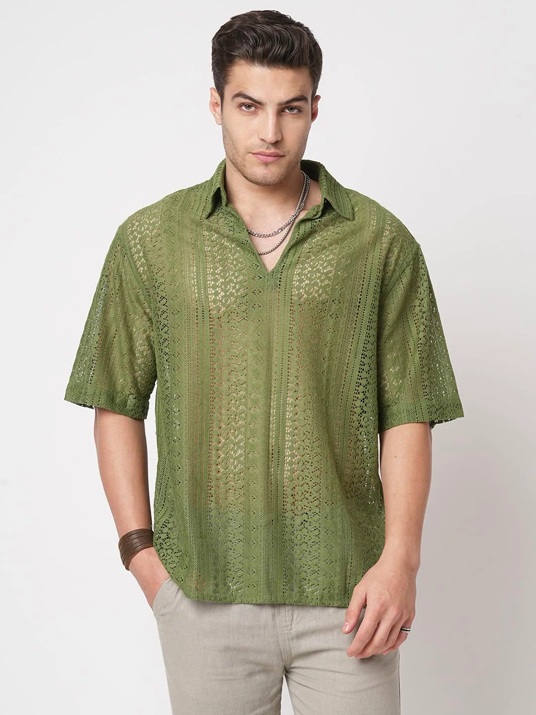 Moss Green Crochet Oversized Polo Shirt - Image 5