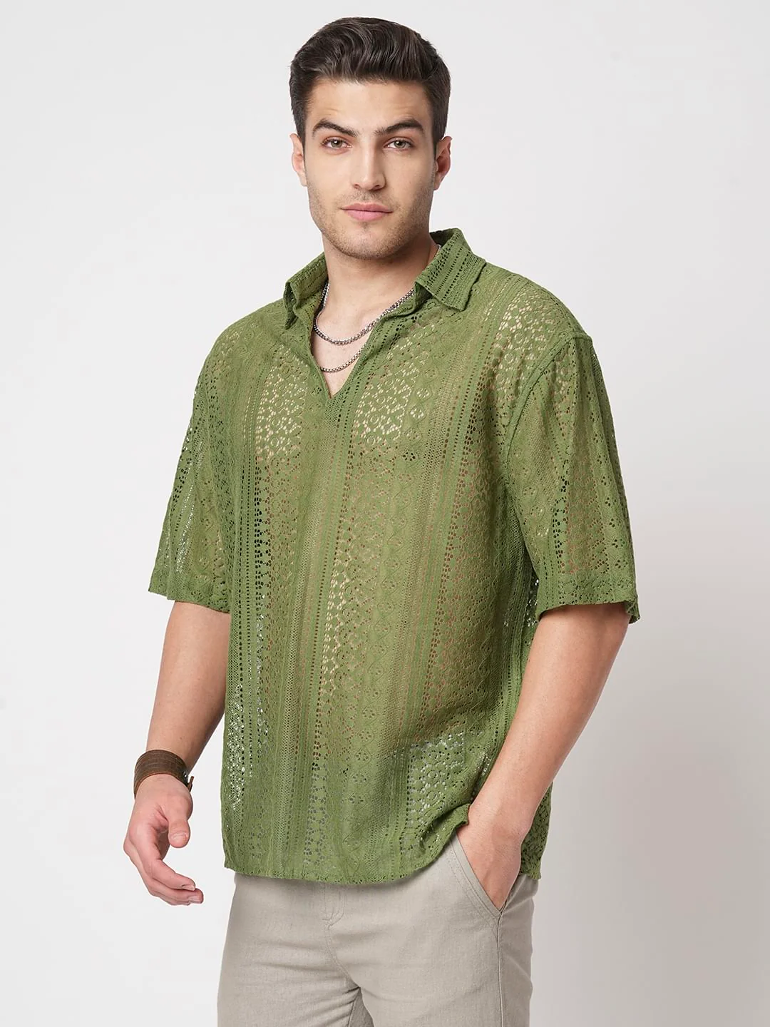 Moss Green Crochet Oversized Polo Shirt - Image 6