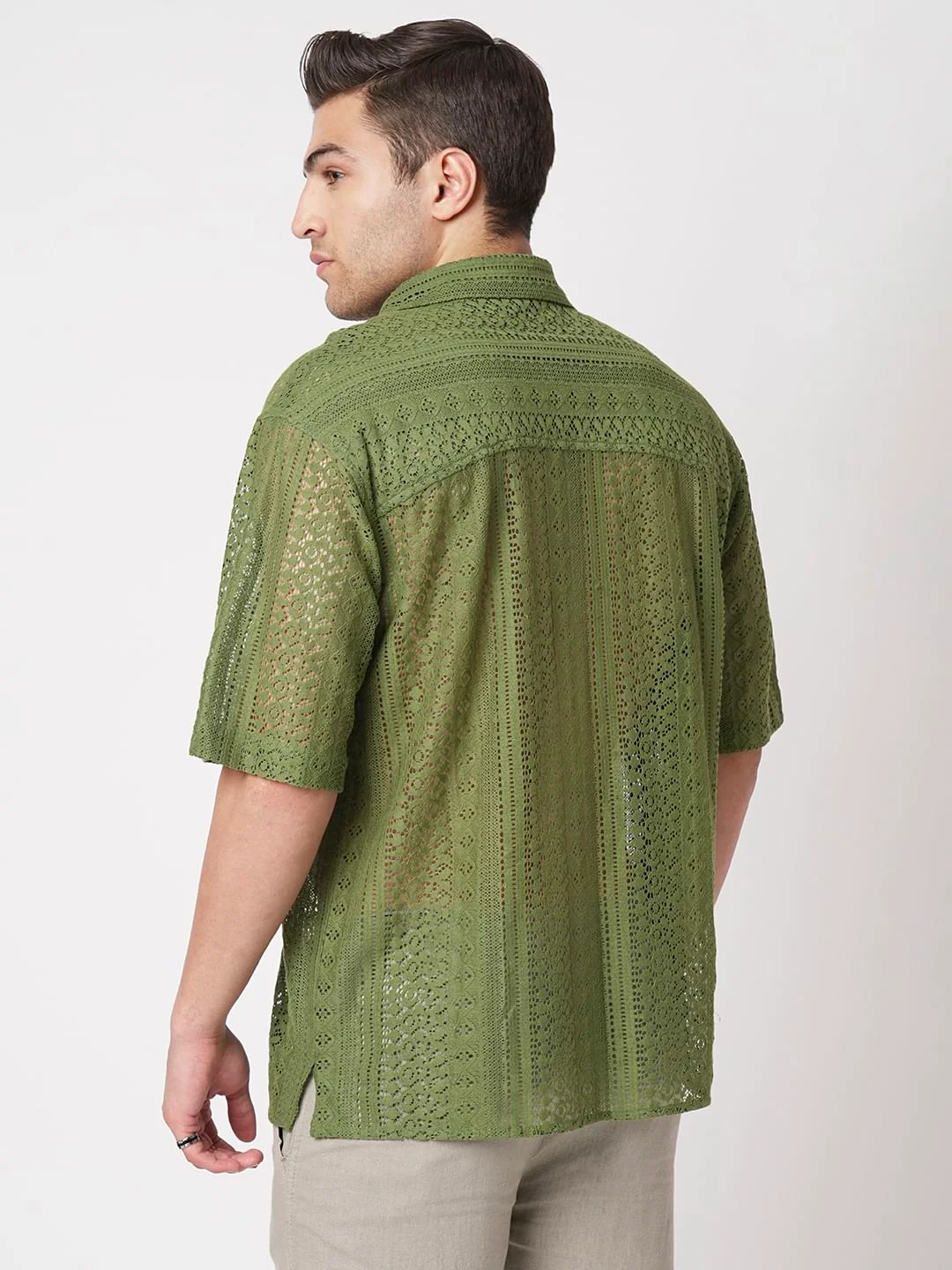 Moss Green Crochet Oversized Polo Shirt - Image 8