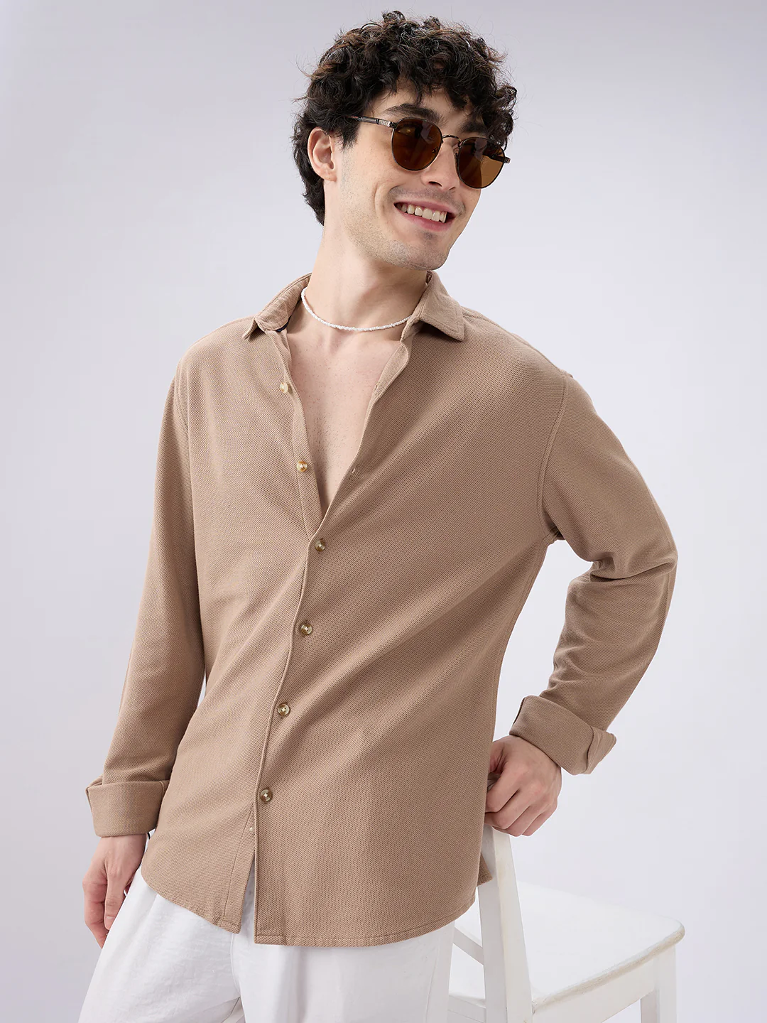 Natural Khaki Soft Weave Knit Shirt - Image 2