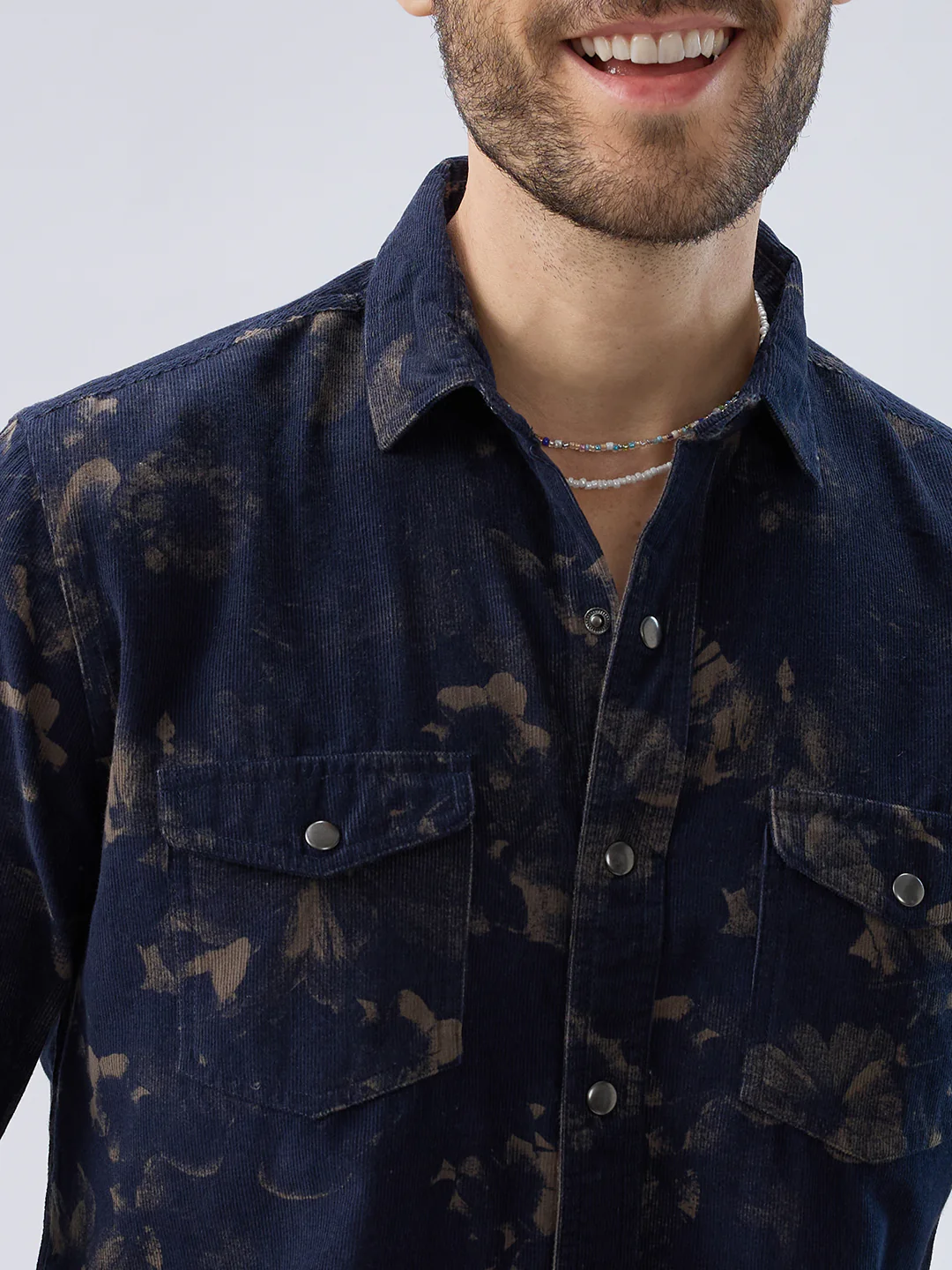 Navy Abstract Bloom Printed Flap Pocket Corduroy Shirt - Image 3