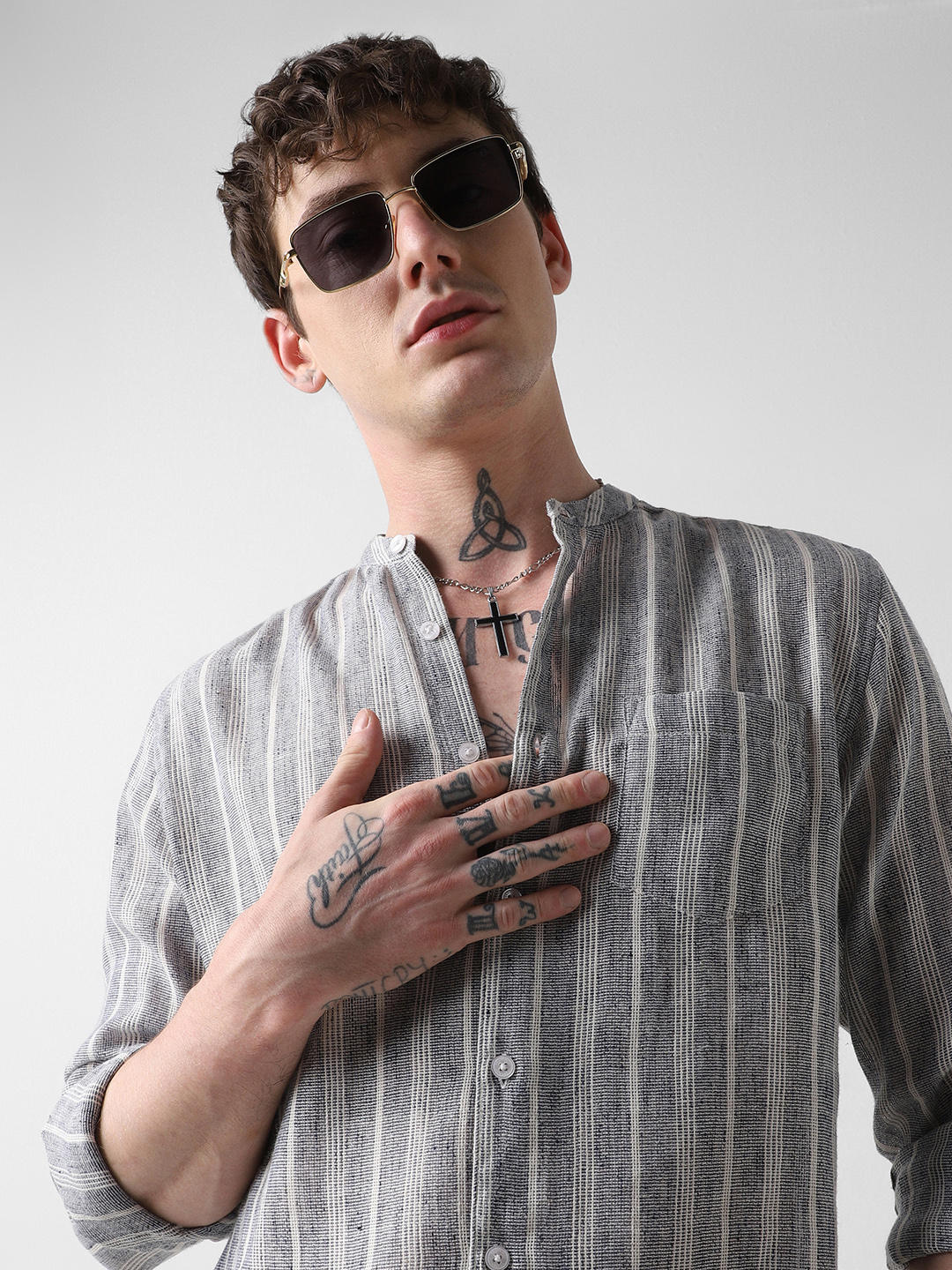 Navy & White Textured Vertical Striped Shirt