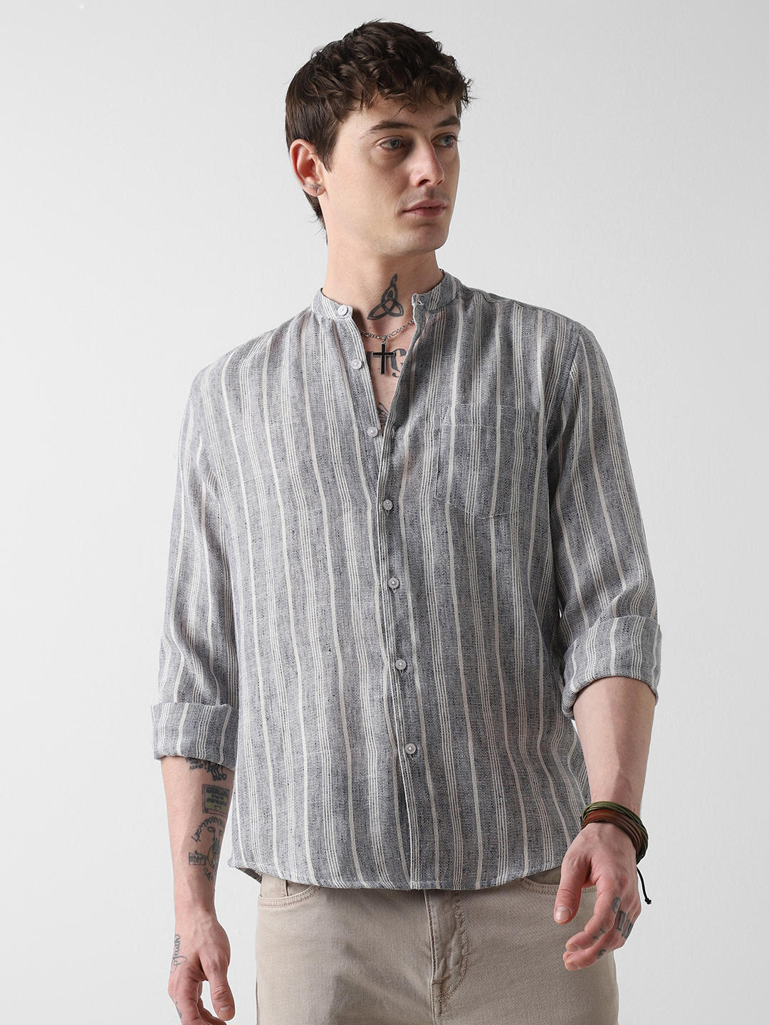 Navy & White Textured Vertical Striped Shirt - Image 5
