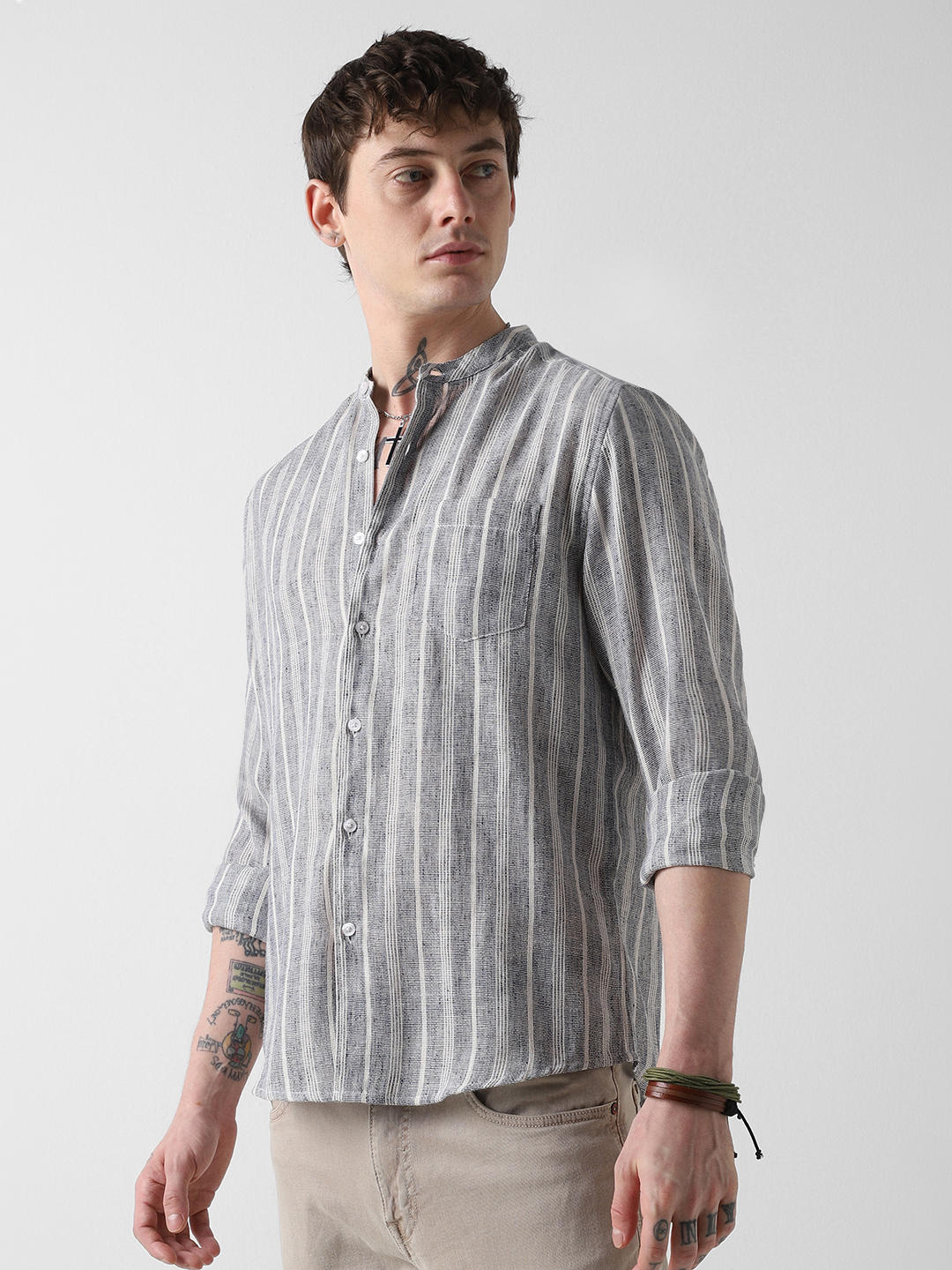 Navy & White Textured Vertical Striped Shirt - Image 6