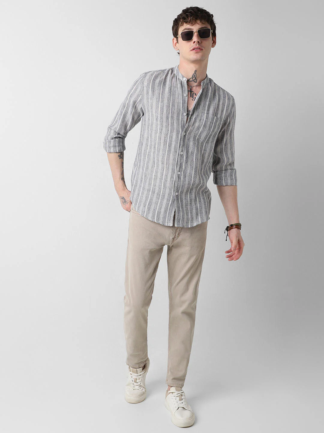 Navy & White Textured Vertical Striped Shirt - Image 8