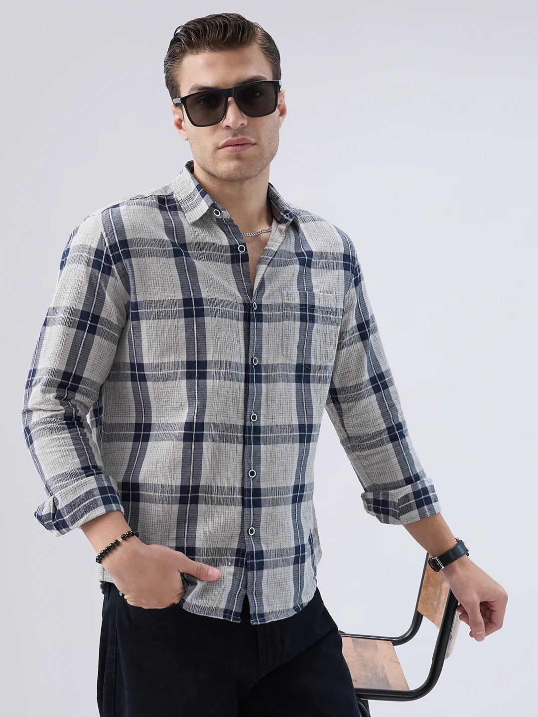 Navy Echo Box Jacquard Checked Shirt