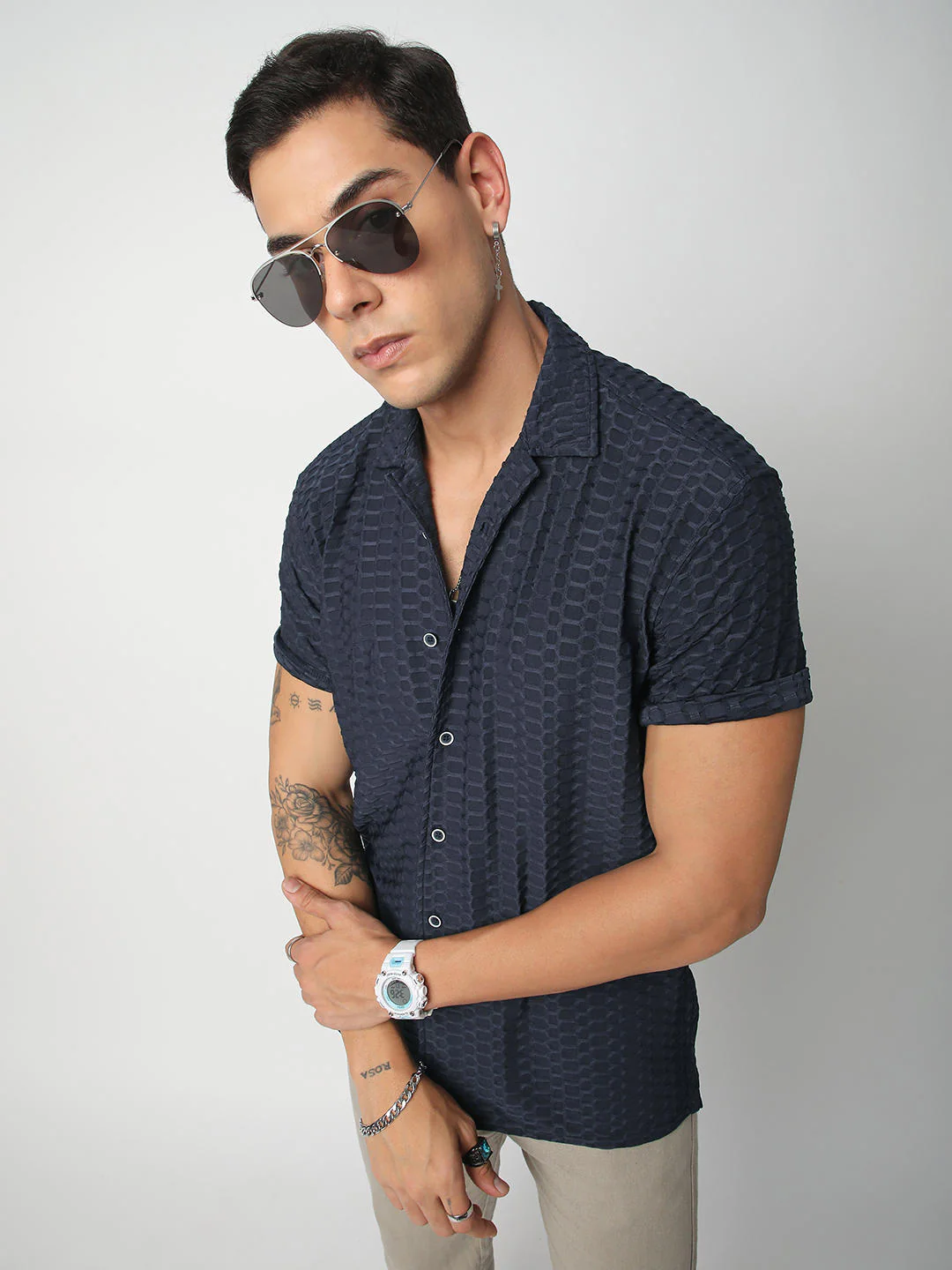 Navy Honeycomb Textured Knitted Shirt