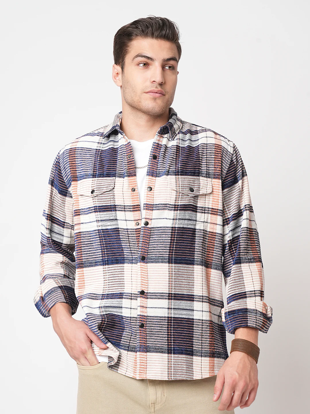 Navy Horizontal Stripes Double Flap Pocket Corduroy Shirt - Image 4
