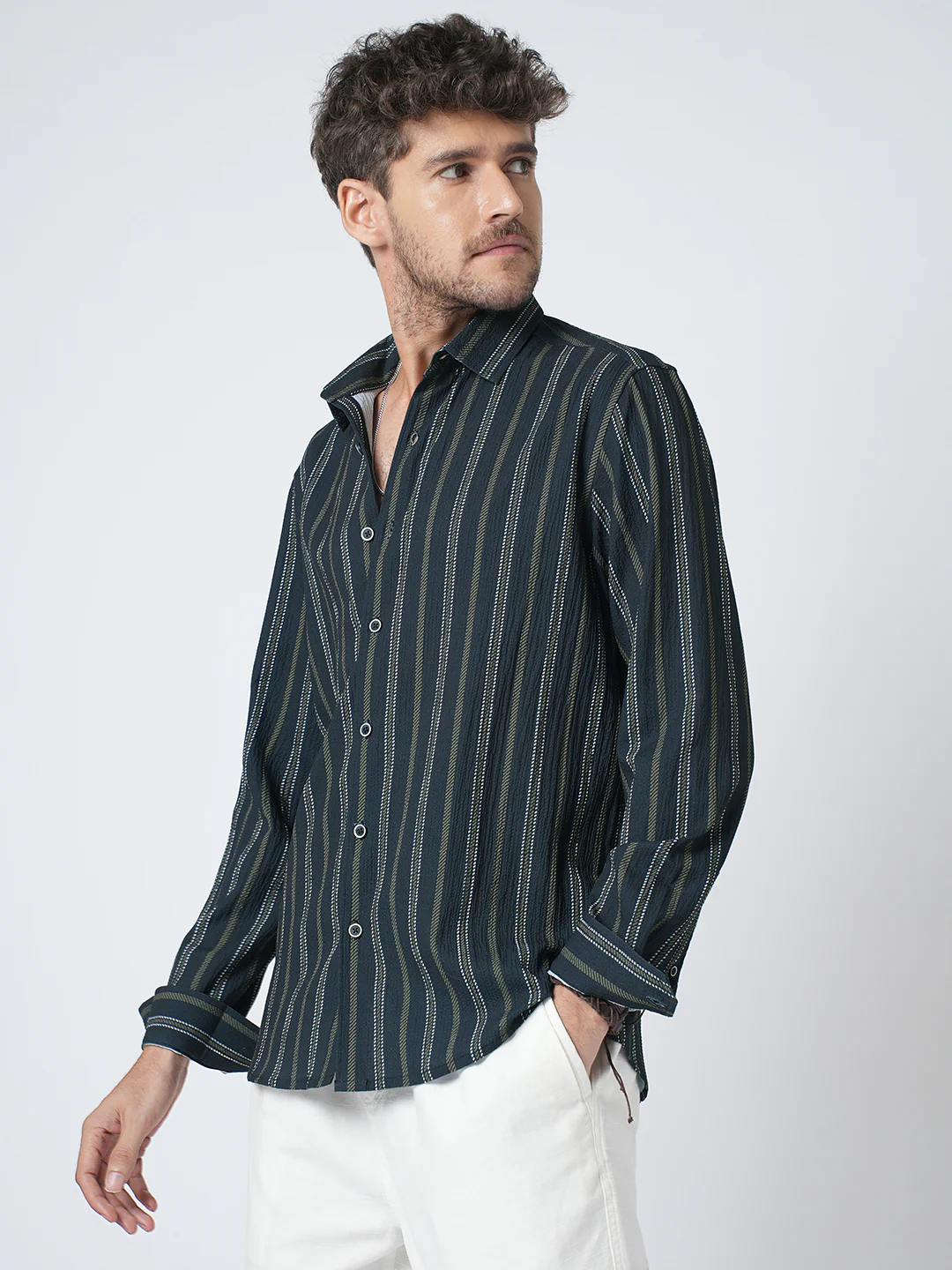 Navy & Olive Contrast Striped Crinkled Shirt - Image 6