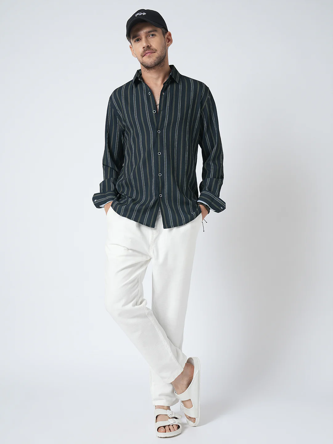 Navy & Olive Contrast Striped Crinkled Shirt - Image 8