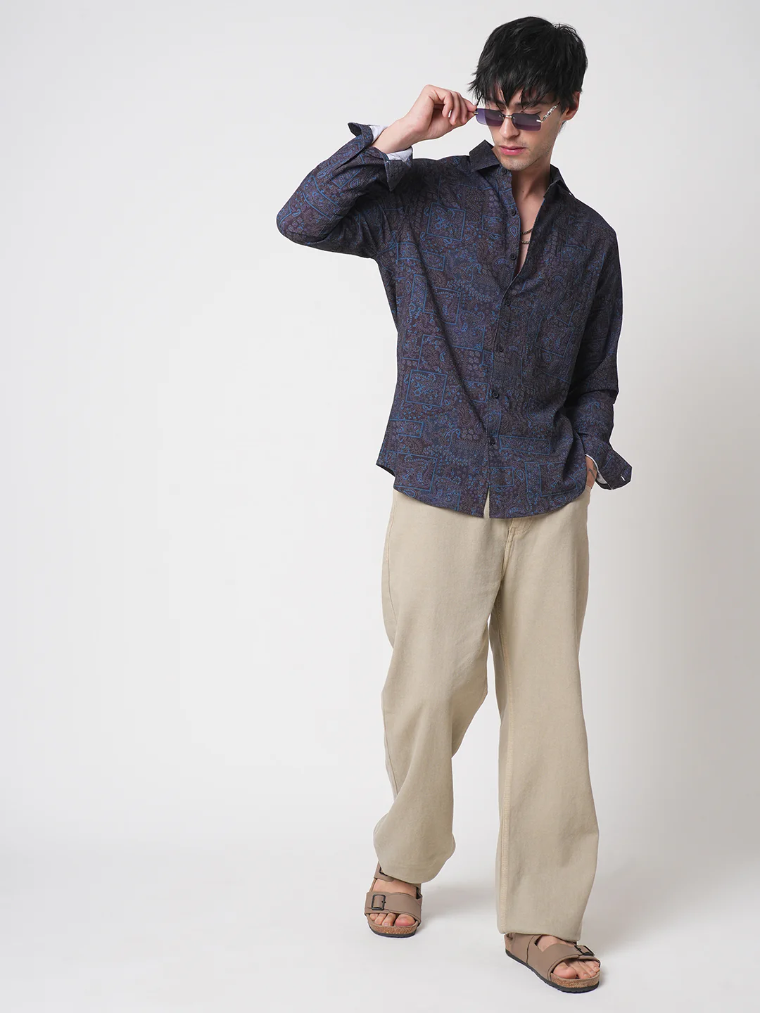 Navy Paisley Printed Creased Shirt - Image 8