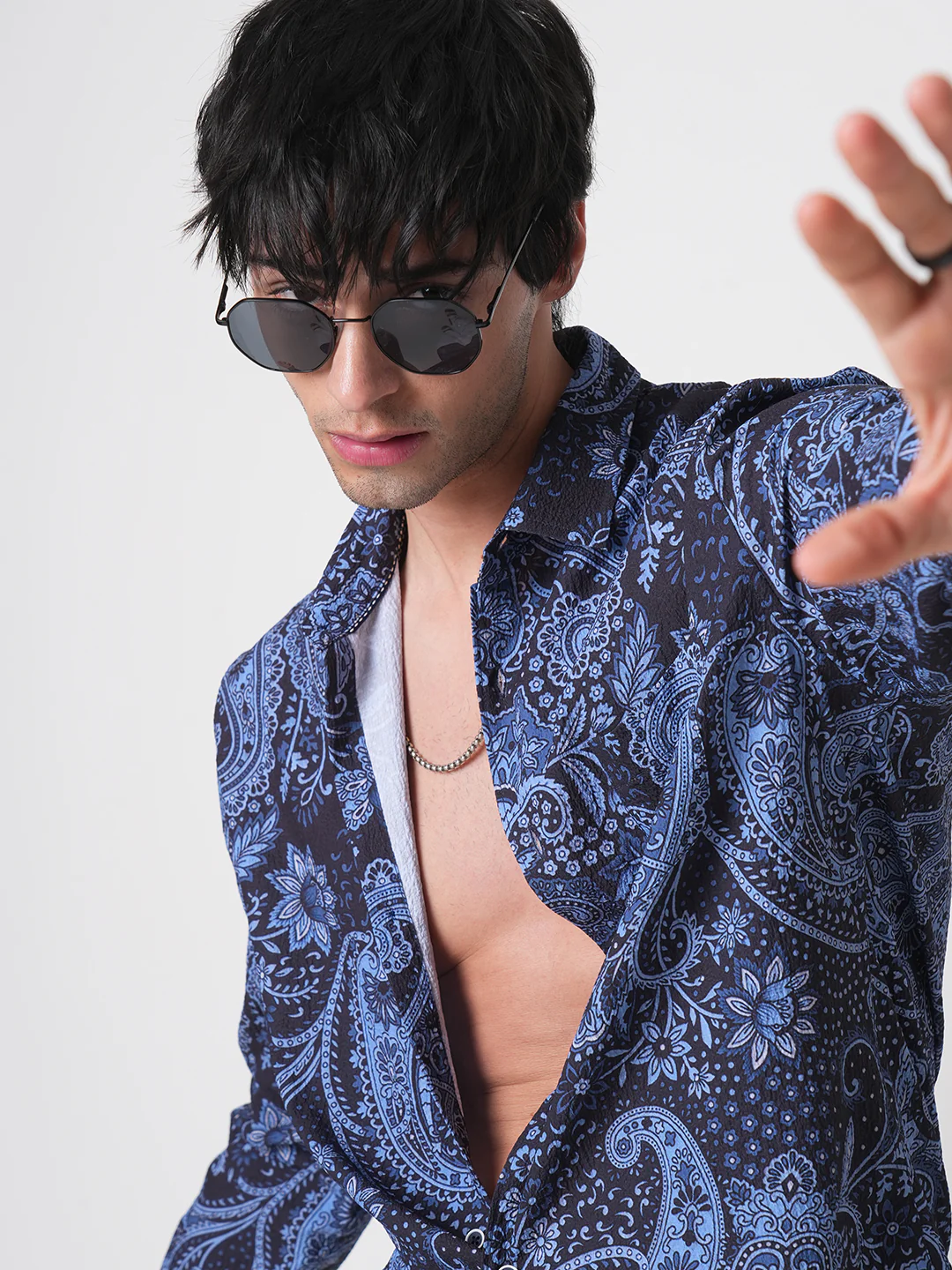 Navy Paisley Printed Creased Shirt